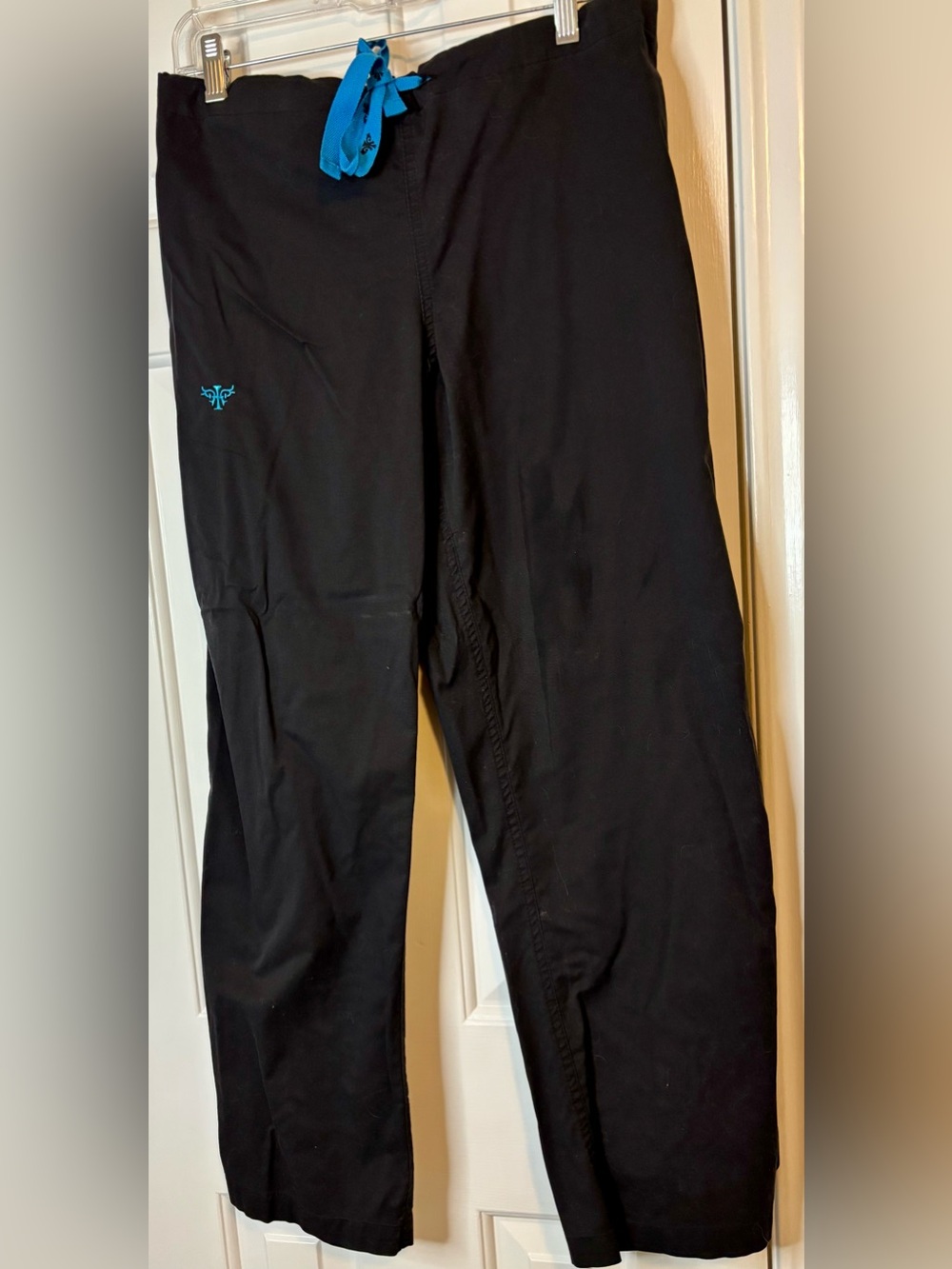 Med Couture Wide Leg Scrub Pants in Black with Blue Drawstring